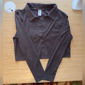Cropped Button-Up Polo Top in Dark Brown
